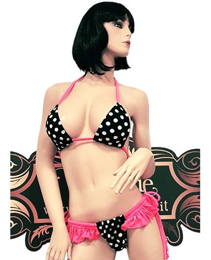 Sexy Shop Online I Trasgressivi - Bikini Transgender - Bikini Nero a Pois con Laccetti Rosa Fluo - Ivete Pessoa