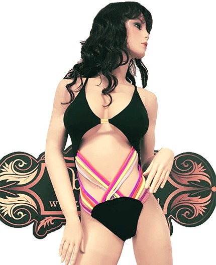 Sexy Shop Online I Trasgressivi - Trikini Transgender - Trikini Nero con Inserti a Elastico Rosa, Viola e Giallo - Ivete Pessoa