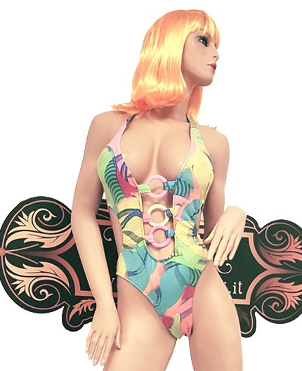 Sexy Shop Online I Trasgressivi - Costume Mare Trikini Donna - Trikini Giallo, Verde e Rosa Pastello con Anelli - Ivete Pessoa