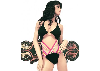 Costume Mare Trikini Donna - Trikini Nero con Inserti a Elastico Rosa, Viola e Giallo - Ivete Pessoa