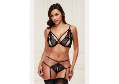 Sexy Lingerie - Completo Intimo Pizzo Reggiseno E Reggicalze Strappy Garter Set - Baci