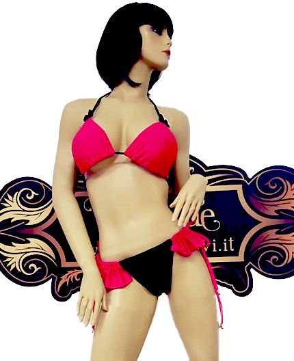 Sexy Shop Online I Trasgressivi - Bikini Transgender - Bikini Rosa con Slip Nero e Frangette Rosa - Ivete Pessoa